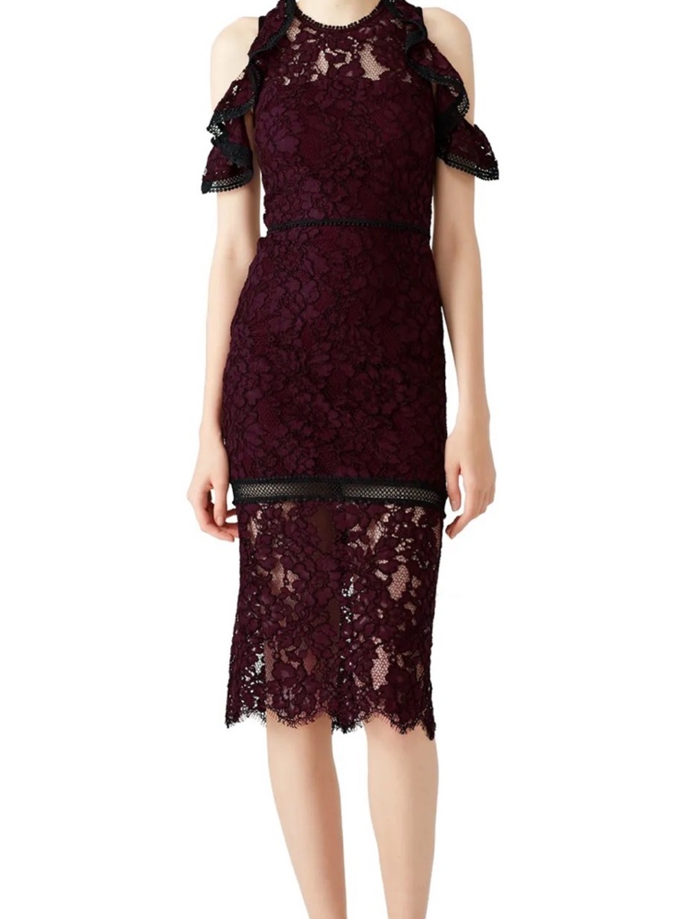 ALEXIS Burgundy Open Shoulder Evie Lace Whimsigoth Midi Sheath Dress M